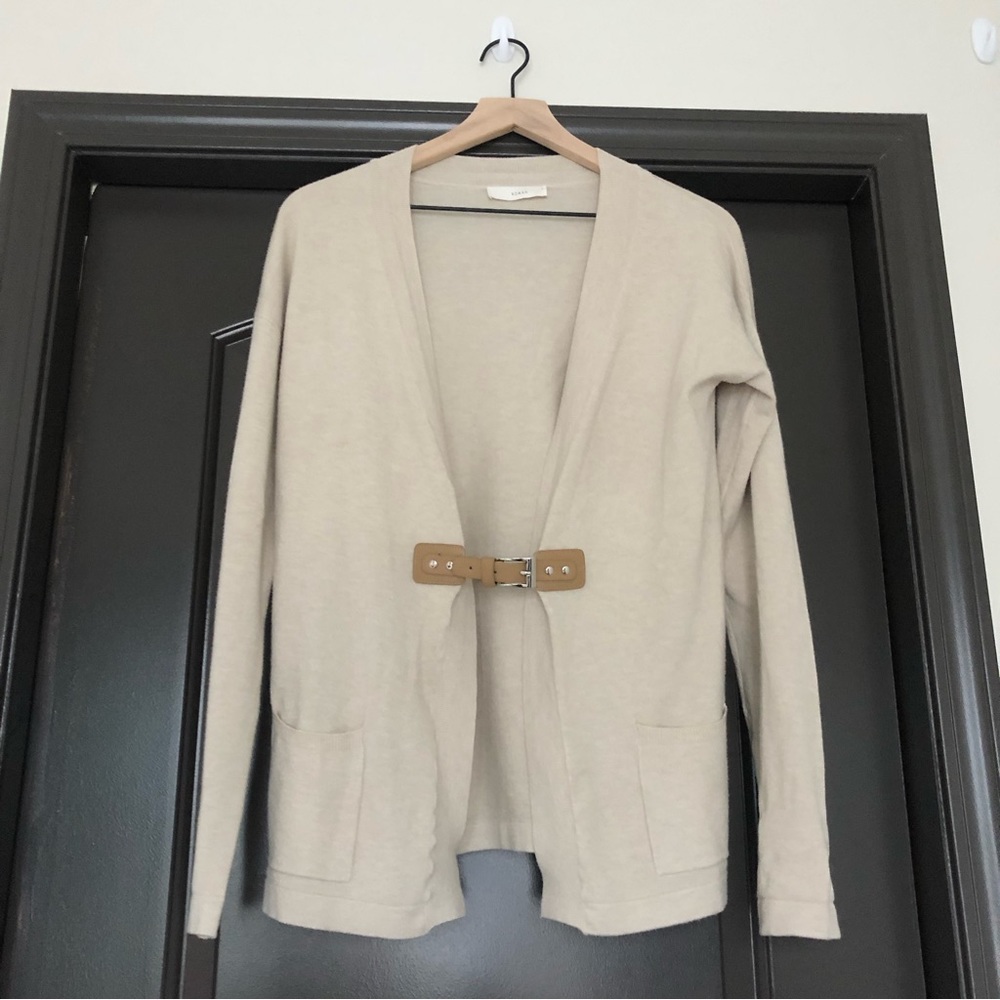 ROMAN women’s taupe/oatmeal belted sweater cardigan with pockets